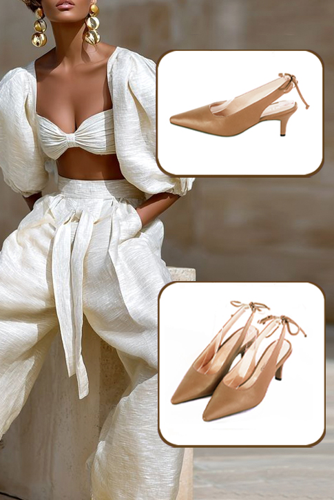Dress slingback heels in camel beige leather with medium slim heels and pointed toe - Worn view